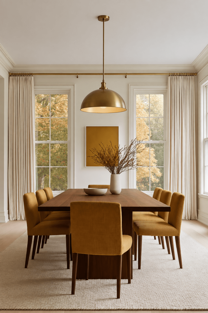 Organic Modern dining room with walnut table, ochre upholstered chairs, brass pendant light, ivory curtains, and autumn trees outside.