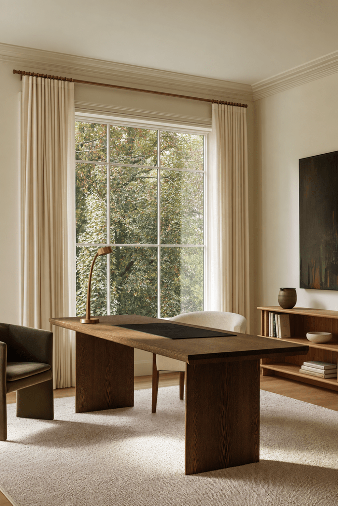 Organic Modern home office with dark wood desk, olive accent chair, ivory curtains, cream rug, and large window overlooking early autumn trees.