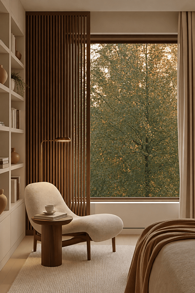 Bedroom reading corner with an ivory lounge chair, walnut slatted divider, built-in shelving, brass floor lamp, and autumn window view.