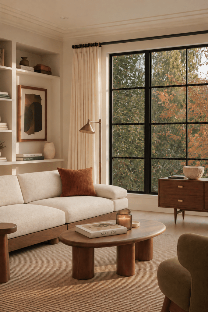 Warm Japandi living room with ivory sofa, walnut coffee table, rust accent pillow, brass floor lamp, and early autumn view.