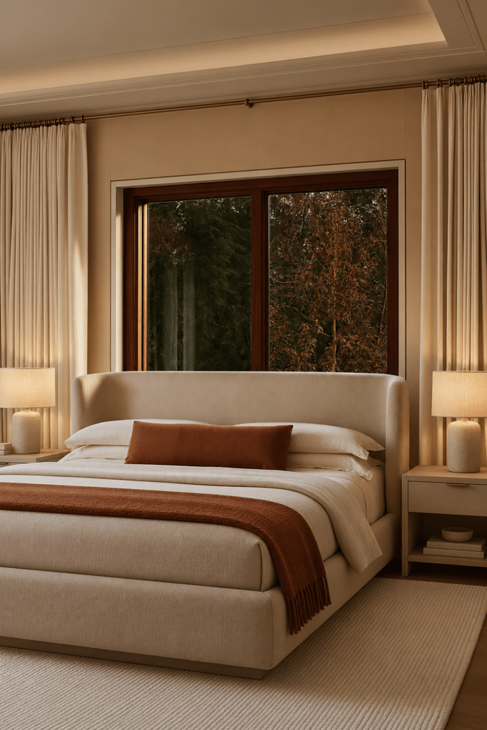Organic Modern bedroom with mushroom upholstered bed, rust lumbar pillow and throw blanket, ivory bedding, and warm bedside lamps.