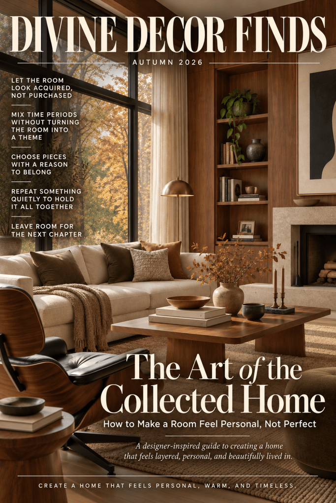 Divine Decor Finds Autumn 2026 magazine cover featuring a warm mid-century modern living room and The Art of the Collected Home.