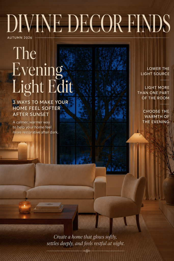 Divine Decor Finds Autumn 2026 magazine cover featuring The Evening Light Edit and a warmly lit Organic Modern living room.