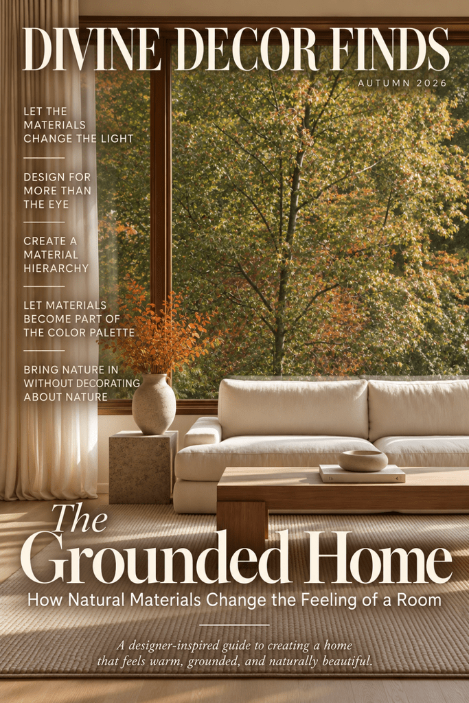 Magazine cover for The Grounded Home featuring an Organic Modern living room with natural wood, linen, stone, and autumn foliage.