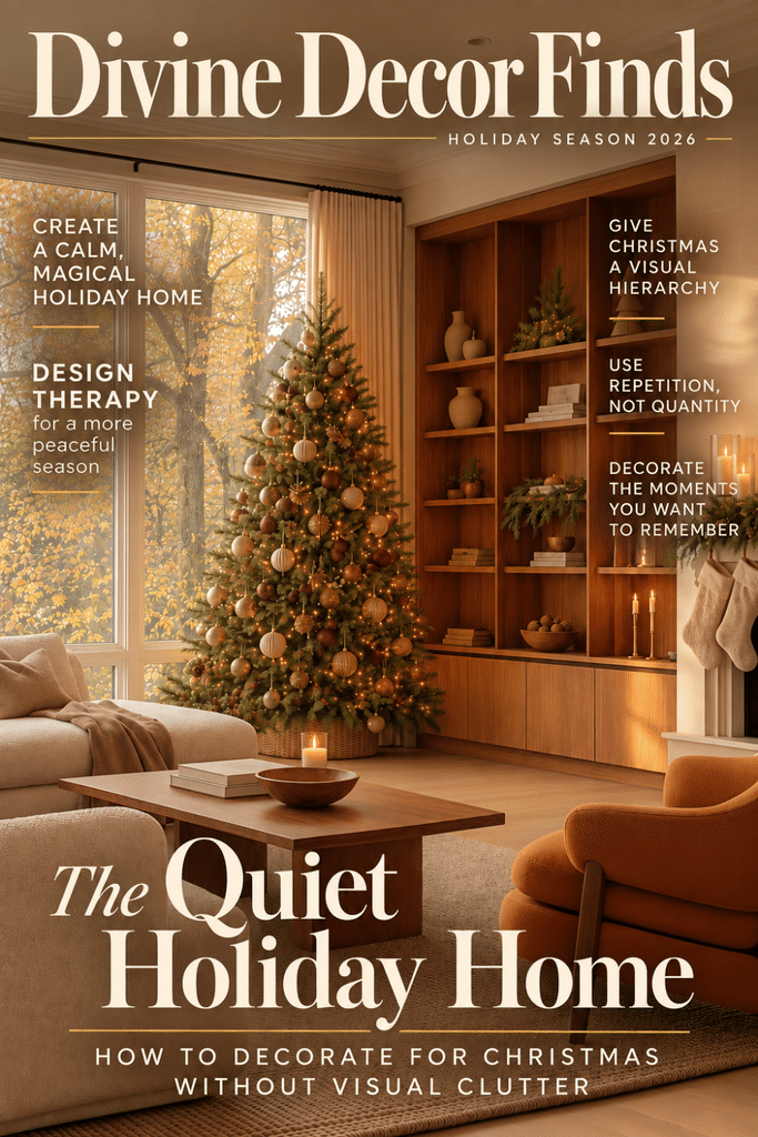 Divine Decor Finds Holiday Season 2026 magazine cover featuring a warm Organic Modern living room with a decorated Christmas tree and walnut built-ins.