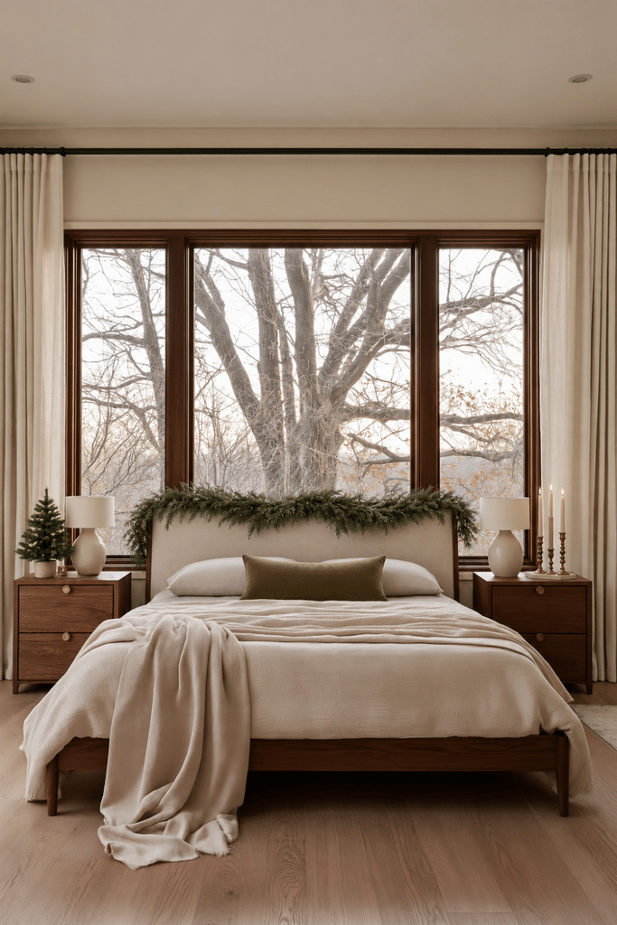 Japandi bedroom with walnut furniture, ivory bedding, olive lumbar pillow, evergreen garland, small Christmas tree, and brass candles.