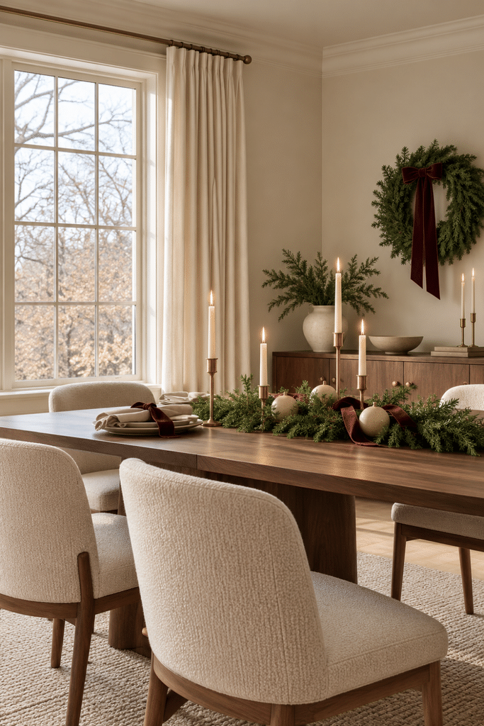 Japandi Christmas dining room with walnut table, ivory boucle chairs, evergreen centerpiece, burgundy velvet ribbon, and brass taper candles.
