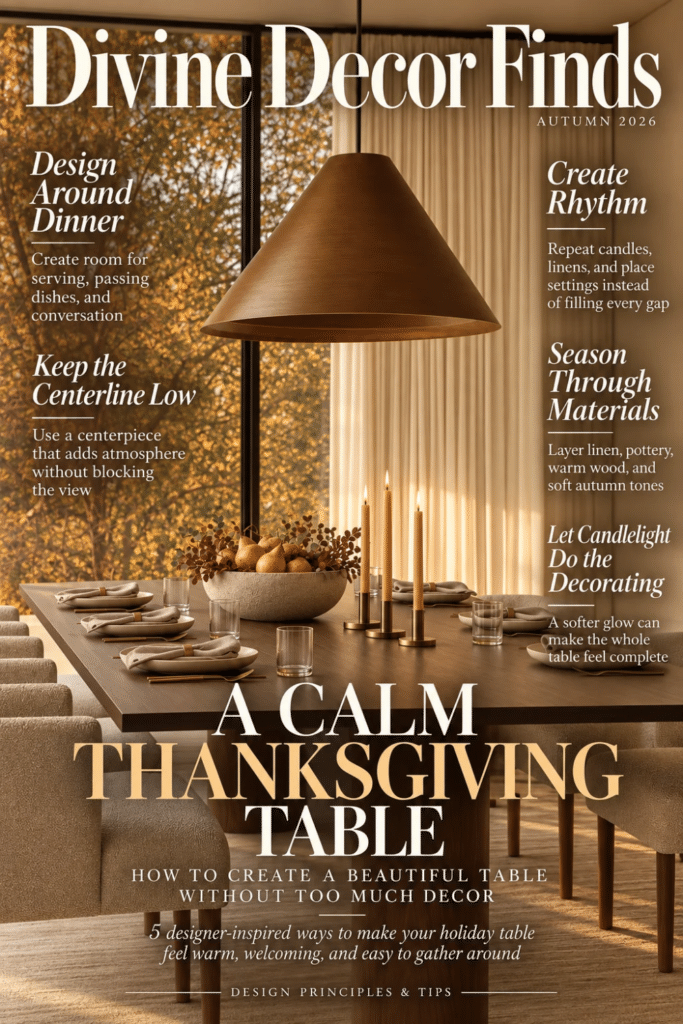 Divine Decor Finds Autumn 2026 magazine cover featuring a warm Thanksgiving dining table with candles, pears, linen napkins, and autumn foliage.