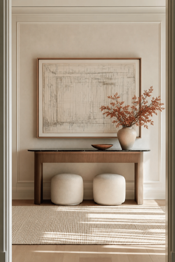 Neutral entryway with rectangular wood console, framed abstract artwork, rounded cream ottomans, ceramic vase, and rust-colored autumn branches.