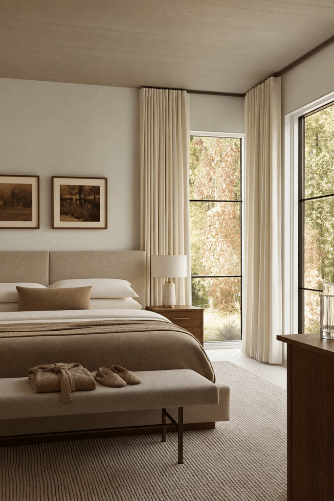 Thoughtfully styled bedroom with upholstered bed, folded robe and slippers on bench, brass-accented nightstand, linen curtains, and autumn views.