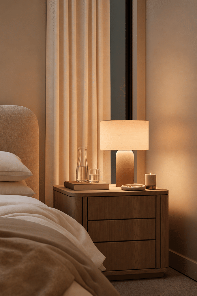 Warm evening bedside vignette with glowing table lamp, glass water carafe, candle, jewelry tray, layered bedding, and linen curtains.