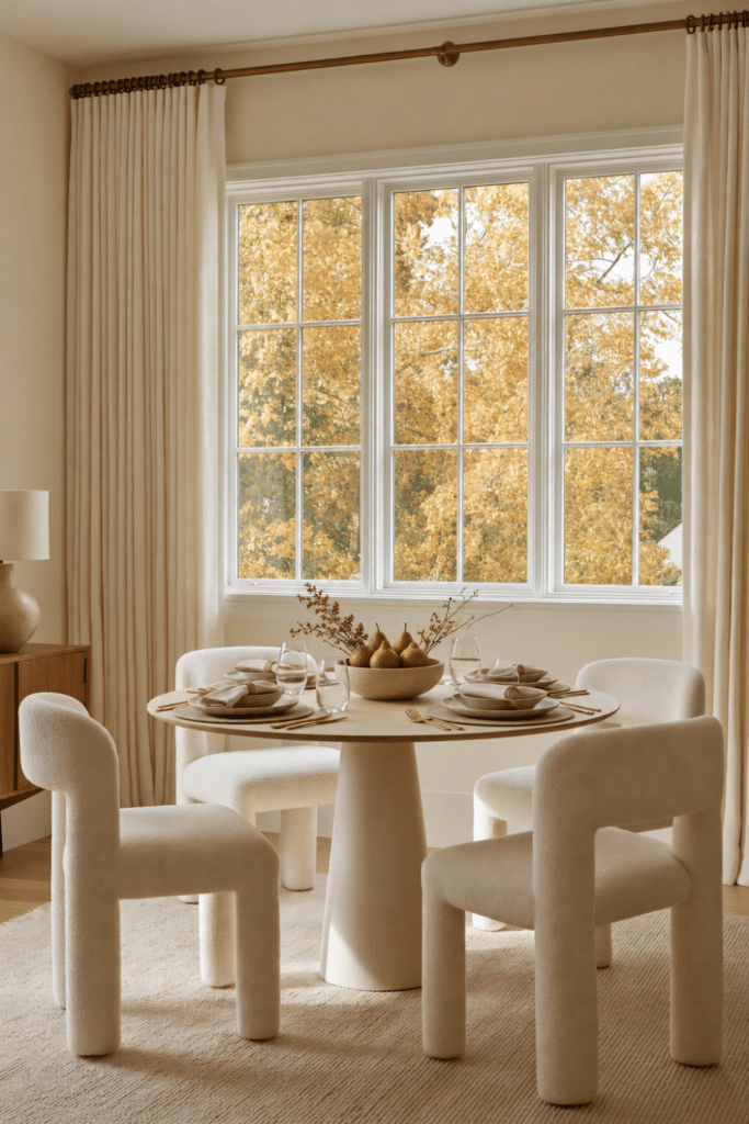 Cozy dining room with a round pedestal table, four cream upholstered chairs, neutral place settings, linen curtains, and golden autumn trees outside.