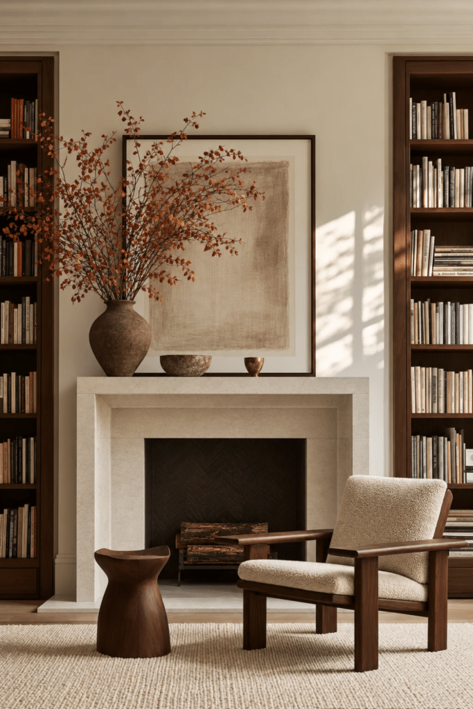 Organic Modern library fireplace with walnut built-ins, oversized neutral artwork, rust autumn branches, stone bowl, brass accent, and boucle chair.