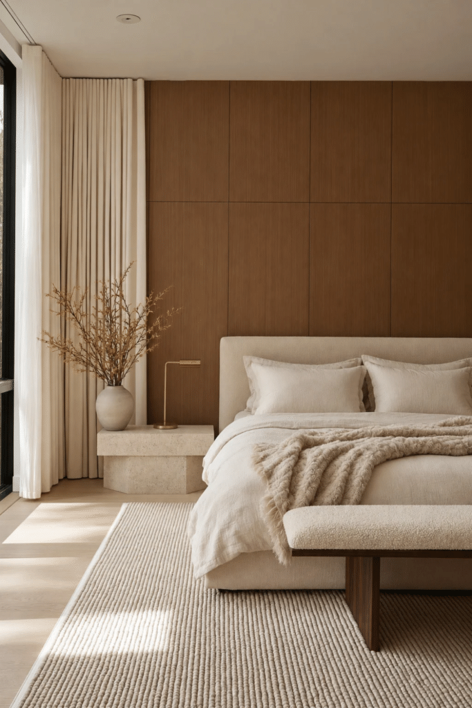 Neutral Organic Modern bedroom with cream linen bedding, textured throw blanket, walnut wall panels, stone nightstand, and boucle bench.