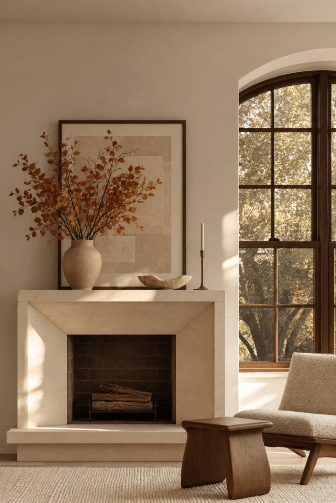 Neutral sitting room fireplace with layered artwork, ceramic vase of rust branches, shallow stone bowl, brass candlesticks, arched walnut window, and boucle chair.