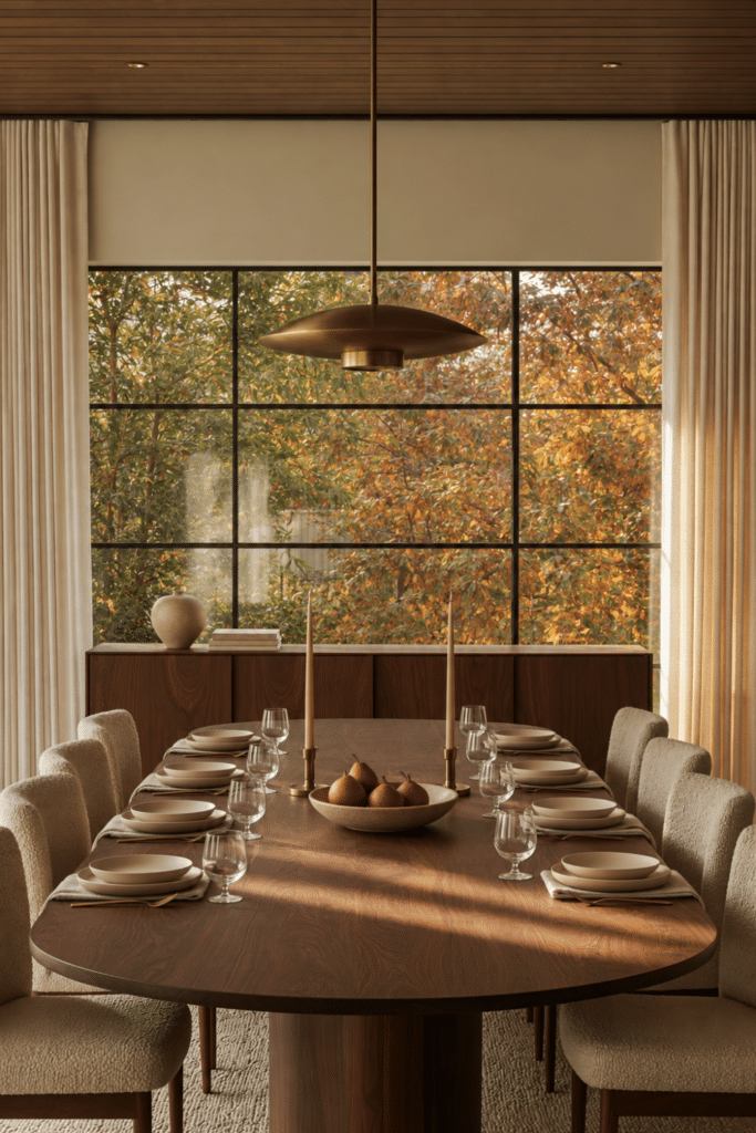 Organic Modern Thanksgiving table with repeated ivory place settings, two brass taper candles, low bowl of pears, walnut ceiling, and autumn foliage.