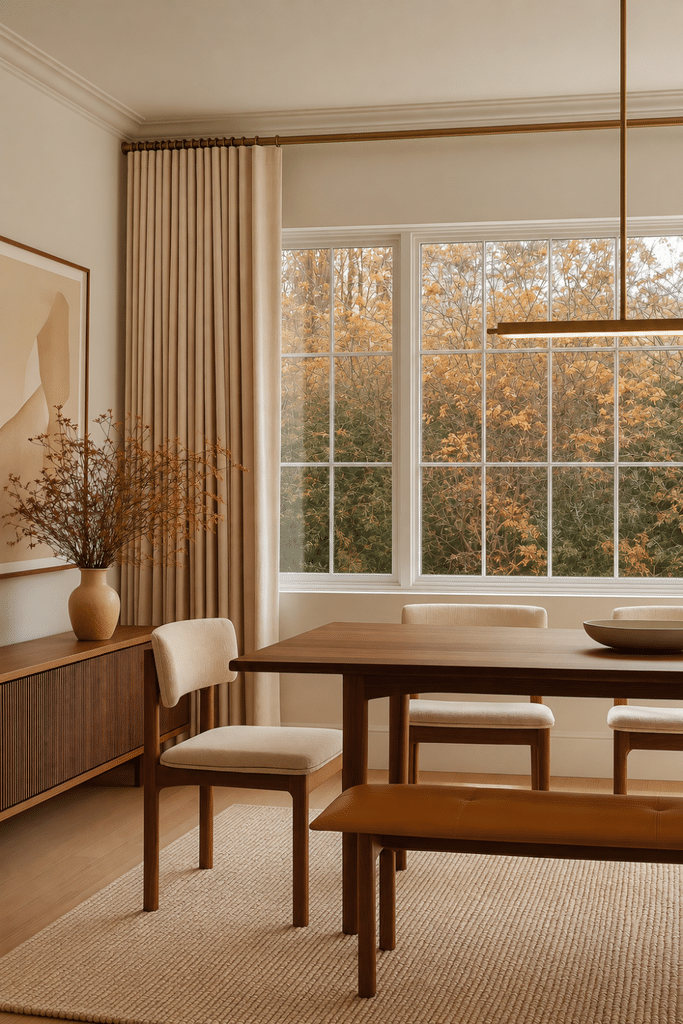 Warm neutral dining room with walnut table, cream upholstered chairs, camel leather bench, textured rug, brass pendant, and autumn view.
