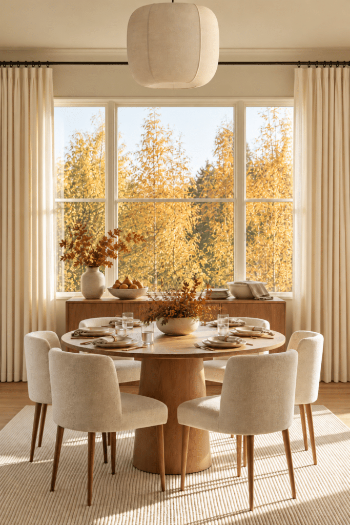 Round Thanksgiving dining table with ivory place settings, low autumn centerpiece, cream upholstered chairs, buffet dishes, and golden fall trees outside.