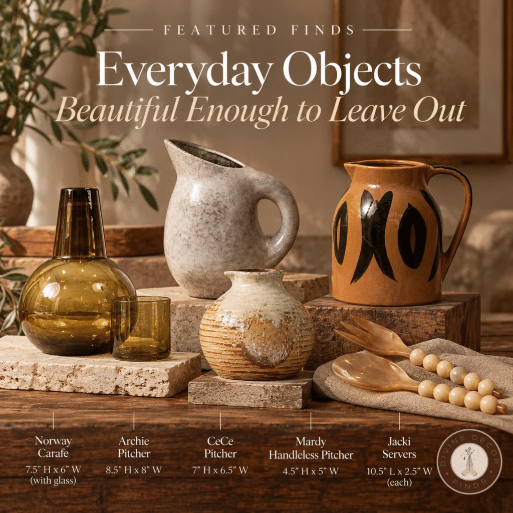 Norway Carafe, Archie Pitcher, CeCe Pitcher, Mardy Handleless Pitcher, and Jacki Servers styled in a warm editorial display.