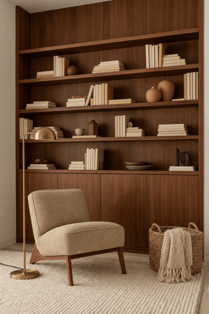 Cozy reading nook with floor-to-ceiling walnut wall unit, cream boucle lounge chair, brass floor lamp, wool rug, and woven basket.