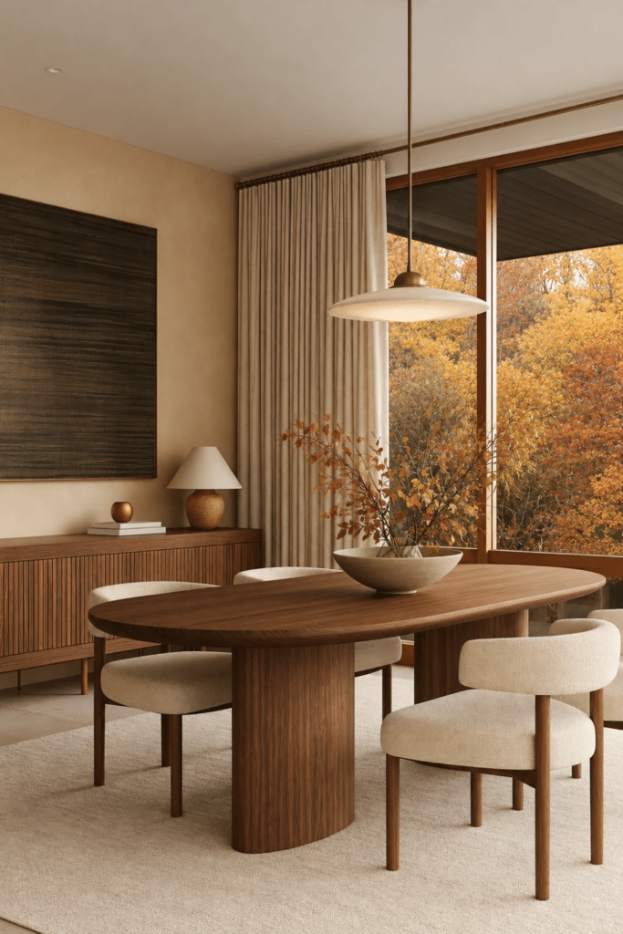 Organic Modern dining room with a walnut oval table, cream chairs, sculptural pendant, restrained sideboard styling, and autumn foliage outside.