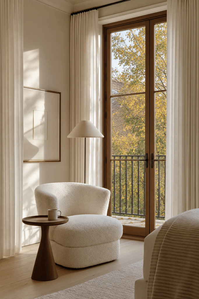 Organic Modern bedroom corner with sculptural boucle chair, walnut side table, ceramic mug, linen curtains, and French doors overlooking autumn trees.