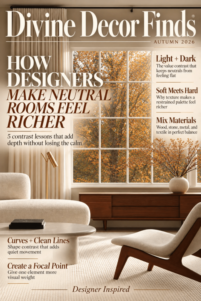 Divine Decor Finds Autumn 2026 magazine cover featuring a neutral Organic Modern living room and five designer contrast lessons.