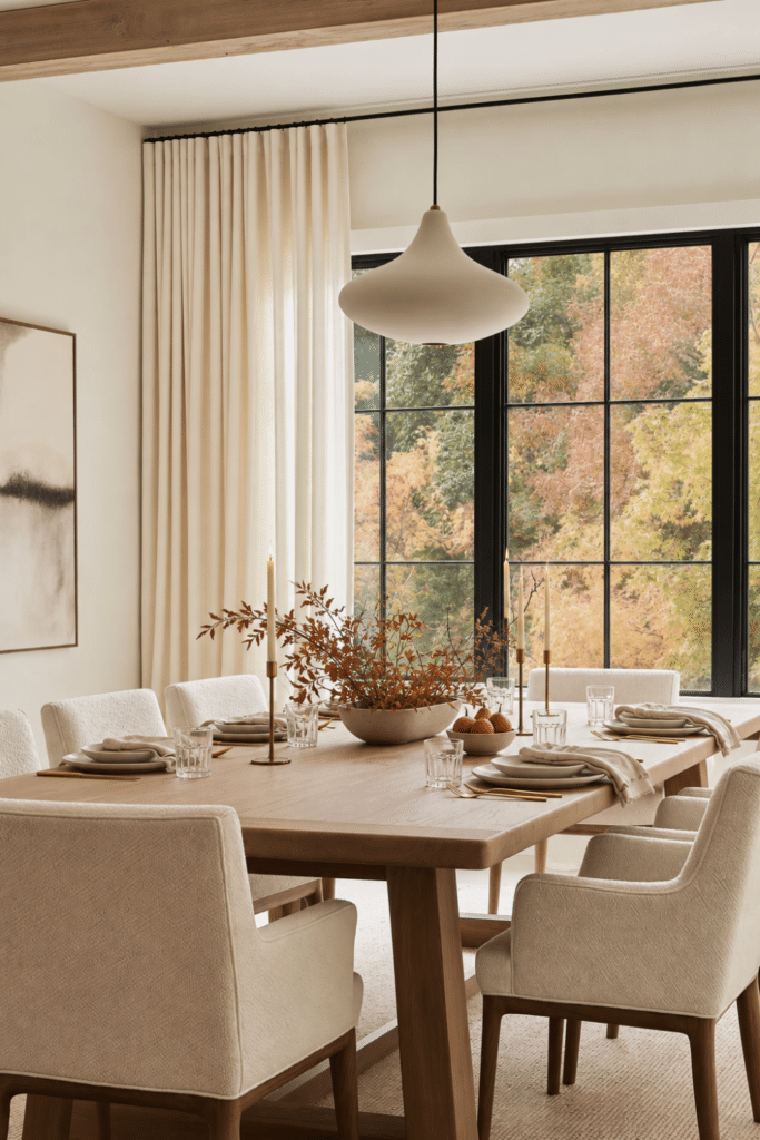Light wood Thanksgiving dining table with a low rust branch centerpiece, slender brass candles, neutral place settings, cream chairs, and autumn windows.