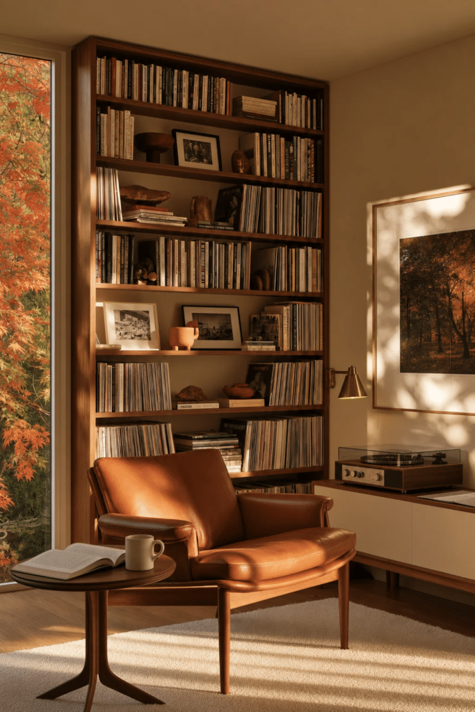 Mid-century modern library with leather lounge chair, books, vinyl records, framed photographs, record player, and autumn foliage outside.