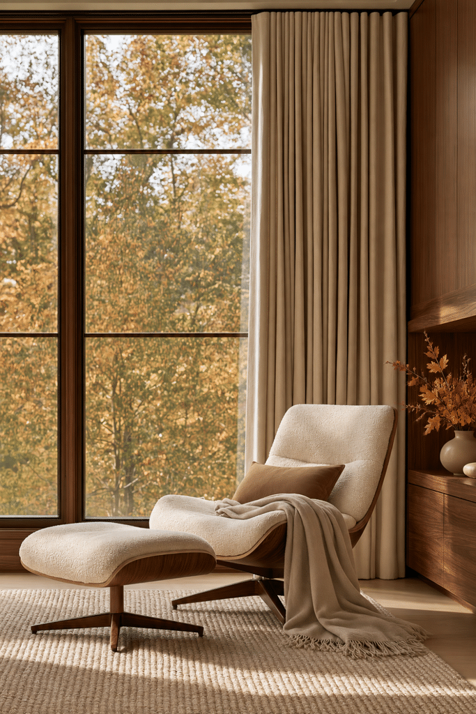 Japandi reading chair with cream upholstery, cashmere throw blanket, textured rug, linen curtains, and autumn foliage outside.