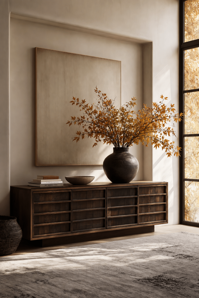 Warm neutral interior with walnut credenza, ceramic vase filled with autumn branches, stone bowl, woven basket, and textured rug.