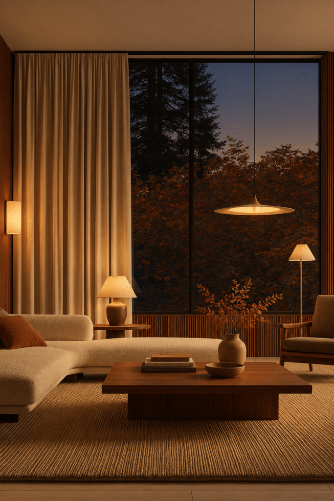 Mid-century modern living room at dusk with pendant light, table lamp, wall sconce, floor lamp, warm curtains, and autumn views.
