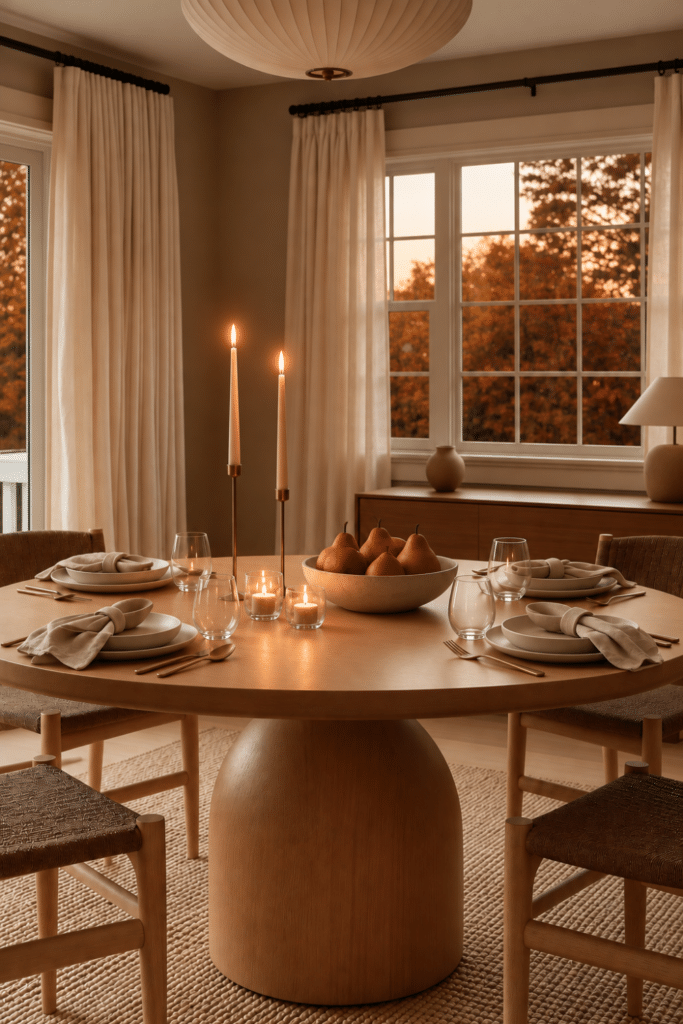 Candlelit Thanksgiving dining table at dusk with four neutral place settings, pears, brass taper candles, glowing votives, linen curtains, and autumn trees.