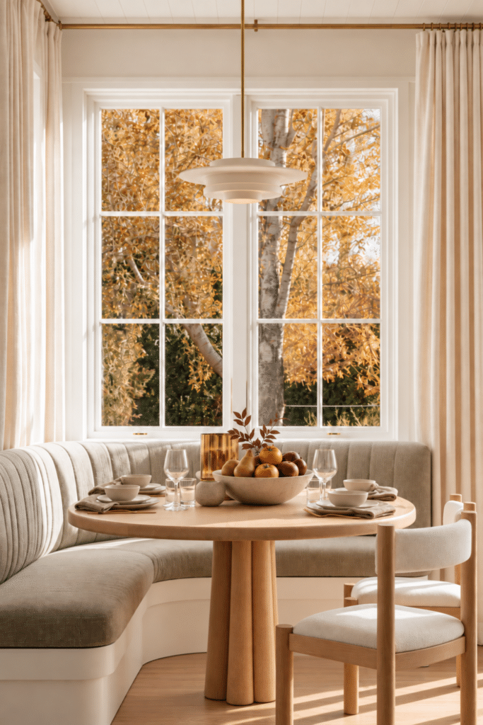 White oak Thanksgiving dining nook with ivory stoneware, linen napkins, seasonal fruit, amber glass, upholstered banquette, and golden autumn foliage.