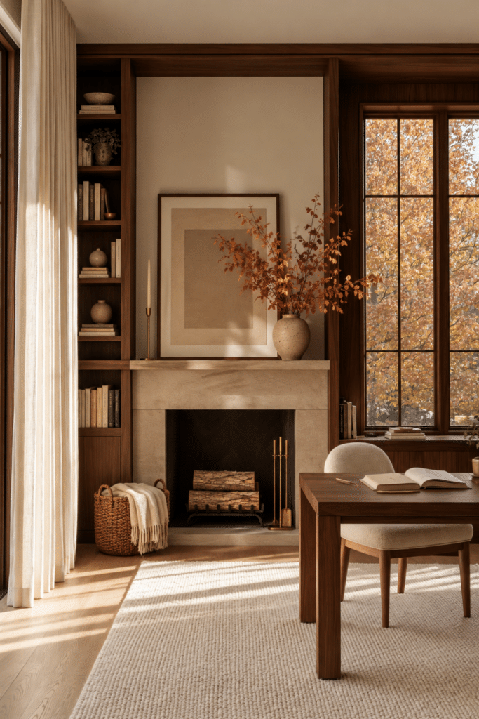 Organic Modern home office with walnut built-ins, limestone fireplace, rust branches, brass fireplace tools, woven basket, firewood, and autumn window view.