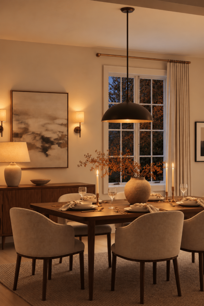Warm evening dining room with layered lighting, glowing pendant, wall sconces, table lamp, taper candles, neutral chairs, and autumn foliage outside.