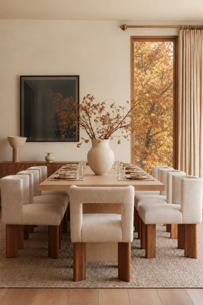 Elegant dining room with a long wood table, cream upholstered chairs, neutral place settings, oversized ceramic vase, and autumn foliage framed by a tall window.