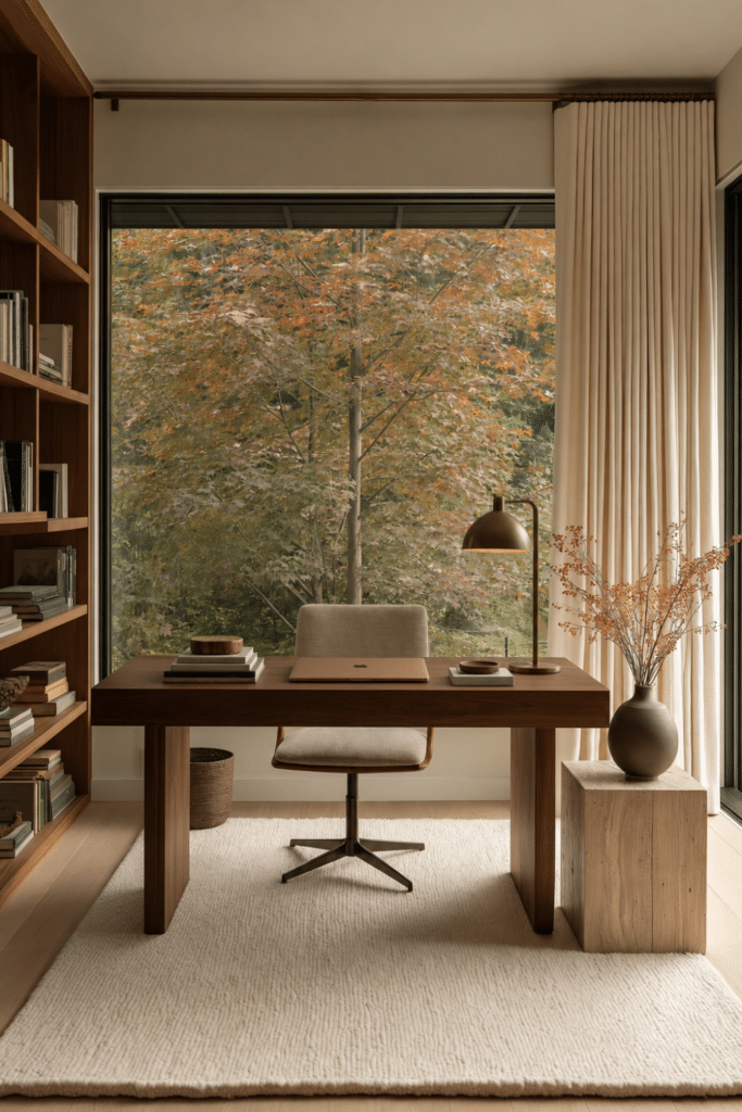 Organic Modern home office with walnut desk, built-in shelves, upholstered chair, travertine pedestal, brass lamp, and autumn branches.
