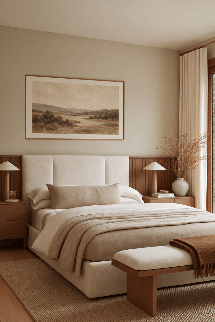 Calm Organic Modern bedroom with upholstered bed, matching walnut nightstands, soft neutral bedding, framed landscape art, and autumn branches.