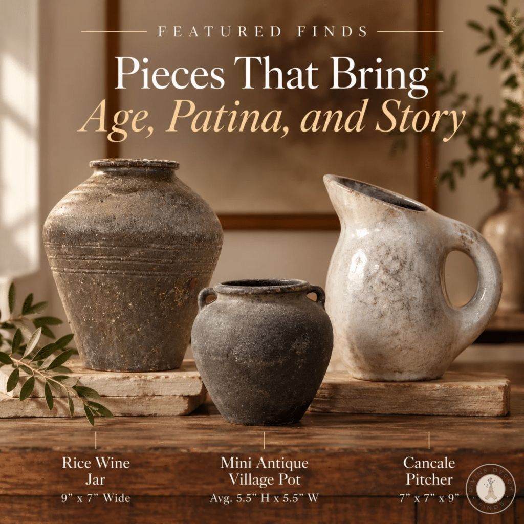 Rice Wine Jar, Mini Antique Village Pot, and Cancale Pitcher styled together as weathered pottery with warm natural textures.