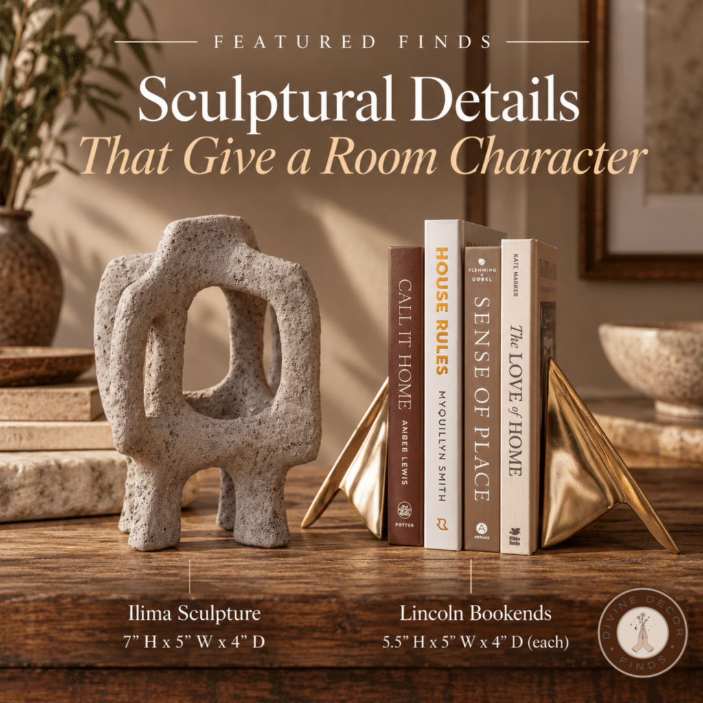 Ilima Sculpture and gold Lincoln Bookends styled with books on a warm wood surface in a neutral Organic Modern interior.