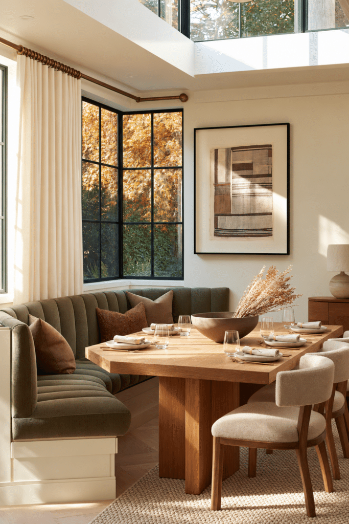 Organic Modern dining nook with an olive upholstered banquette, cream chairs, textured area rug, linen curtains, natural centerpiece, and autumn window views.