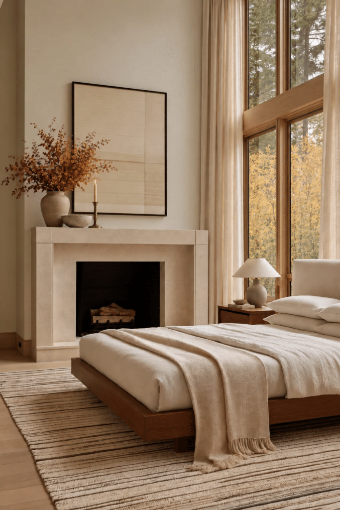 Organic Modern bedroom fireplace with framed neutral artwork, clustered rust branches, stone bowl, brass candlestick, linen curtains, and walnut bed.