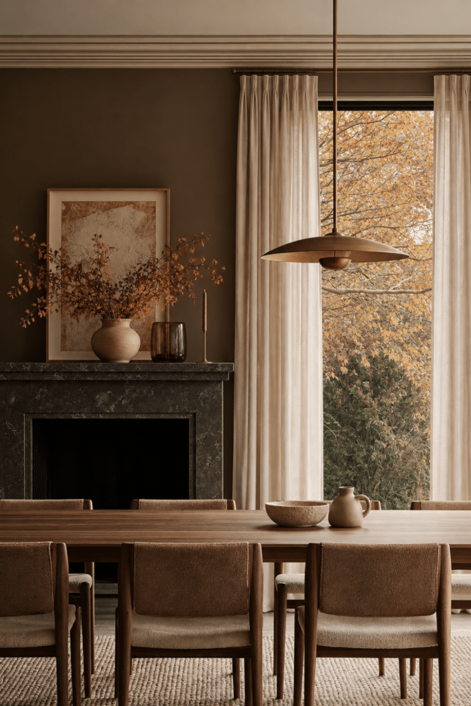 Warm Organic Modern dining room with dark stone fireplace, rust branches, amber glass, ceramic pottery, brass lighting, and autumn trees outside.