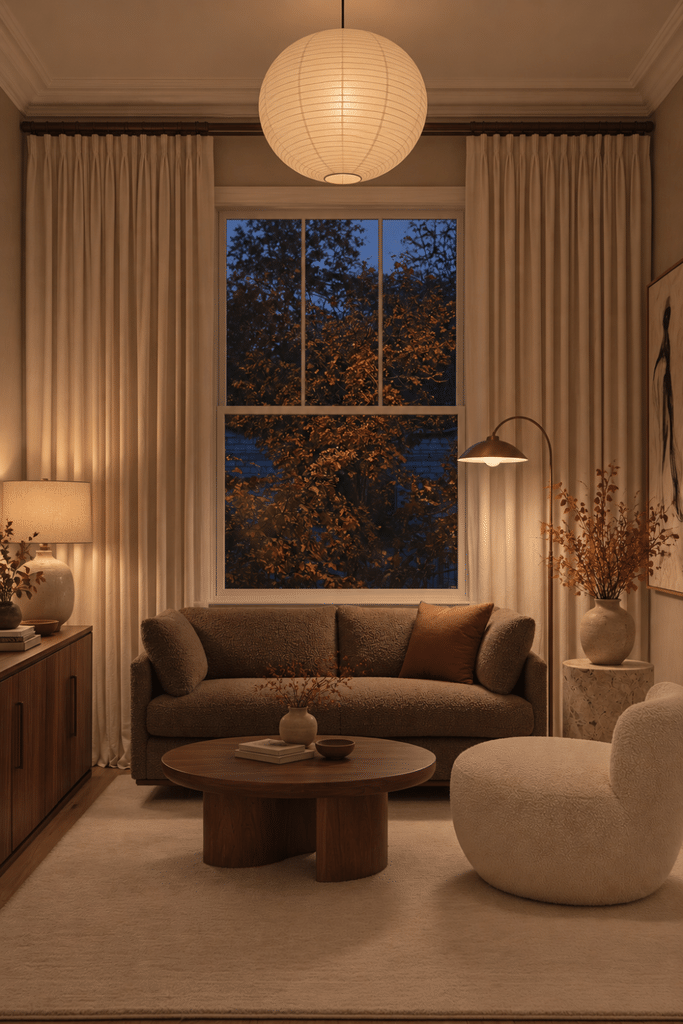 Moody living room at dusk with brown sofa, cream boucle chair, walnut coffee table, paper lantern pendant, warm lamps, and autumn foliage outside.