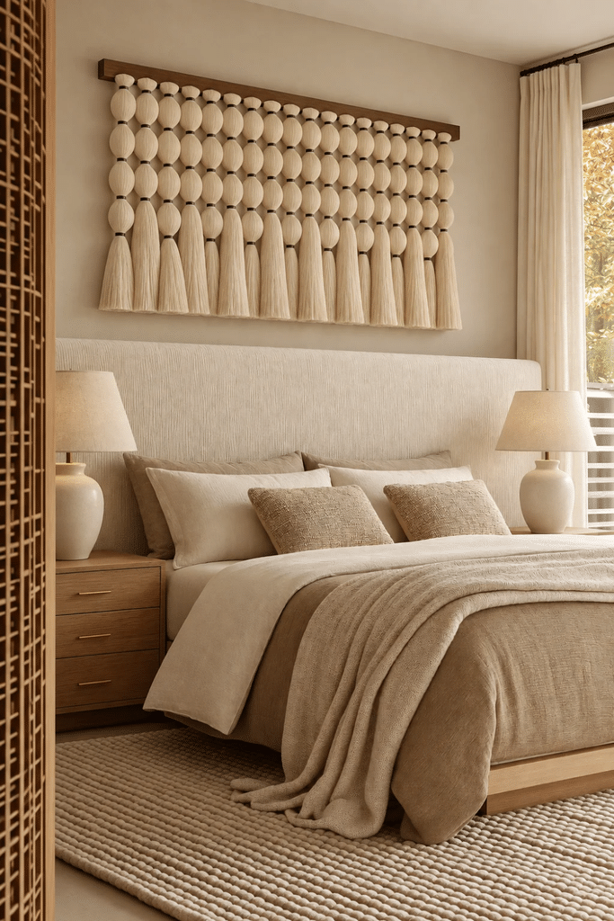 Warm neutral bedroom with oversized upholstered headboard, layered bedding, macrame wall hanging, matching bedside lamps, and textured rug.