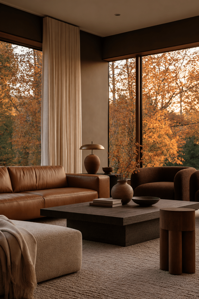 Tonal living room with camel leather sofa, cocoa armchair, dark walnut coffee table, ivory textiles, and autumn foliage outside.