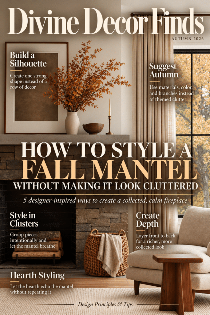 Divine Decor Finds Autumn 2026 magazine cover featuring Organic Modern fall mantel decor and five fireplace styling principles.