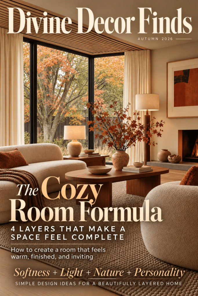 Divine Decor Finds Autumn 2026 magazine cover featuring a cozy living room and The Cozy Room Formula with four decorating layers.