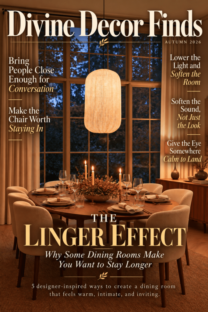 Divine Decor Finds Autumn 2026 magazine cover featuring a warm evening dining room with candlelight, upholstered chairs, layered lighting, and autumn views.
